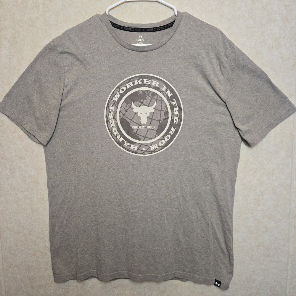 Under Armour Project Rock Mens Large Gray Hardest Worker In The Room T Shirt